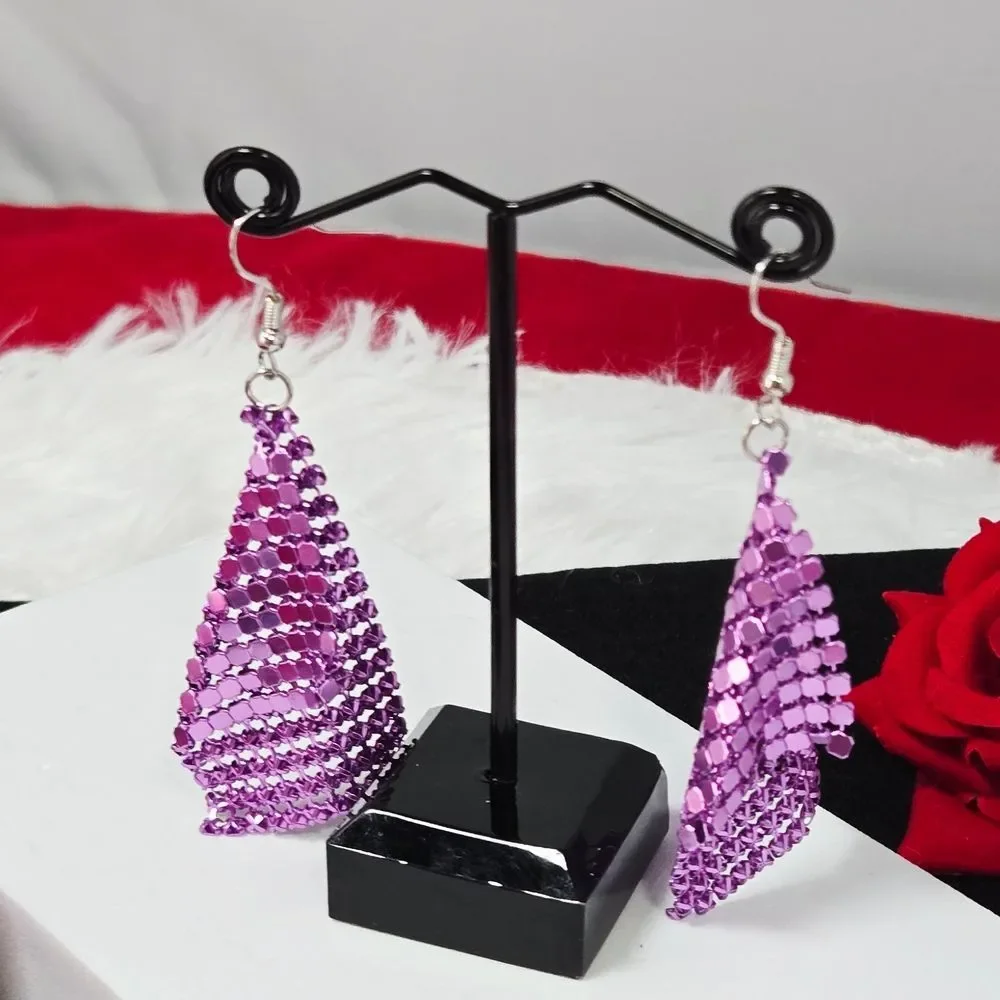 Fuschia Sparkly Sequin Mesh Statement Dangle Earrings Pink Purple Party Glam